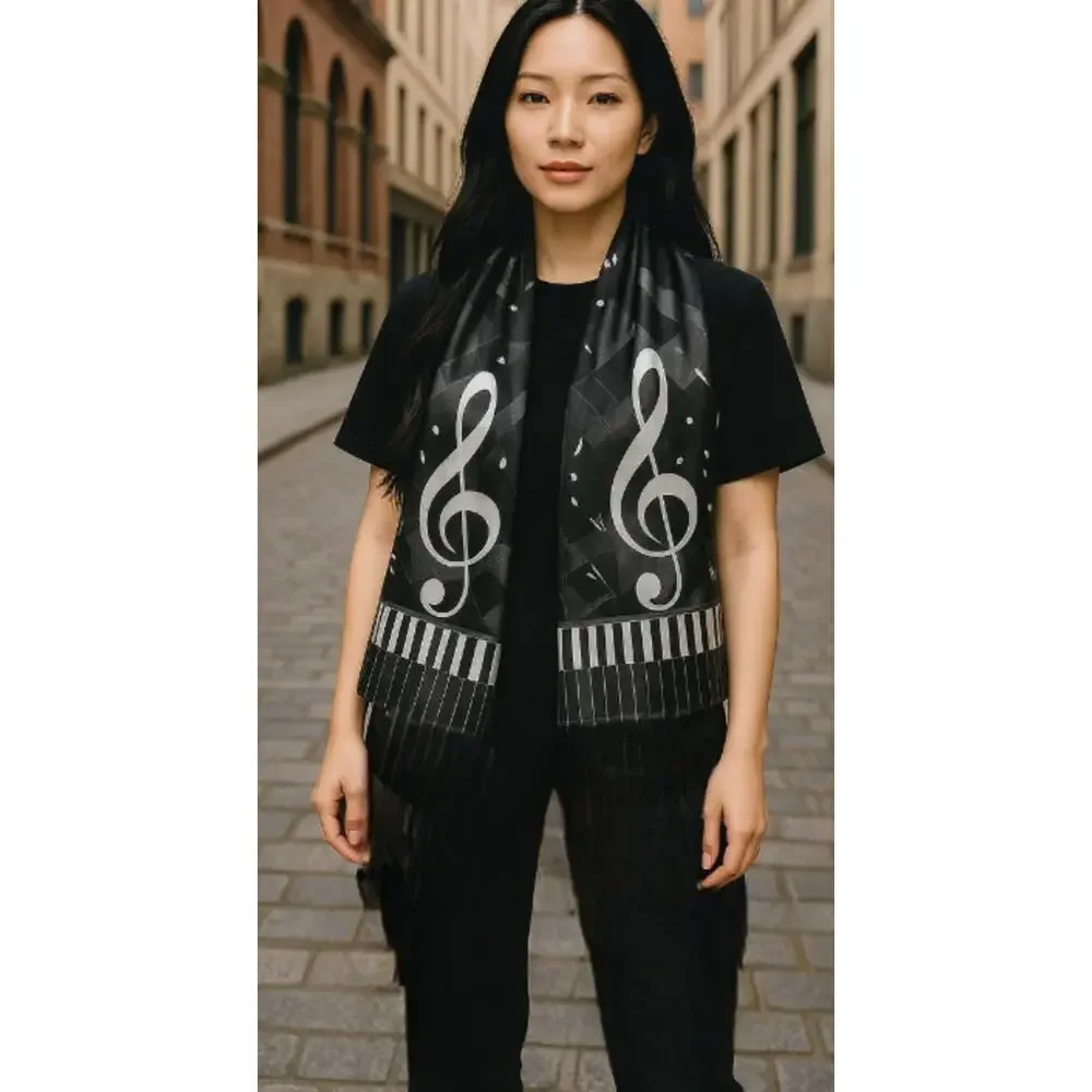 Treble Cleft Black Striped Long Sheer Scarf